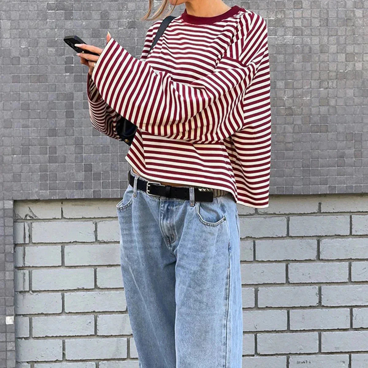 Oversized Striped Drop Shoulder Long Sleeve Top