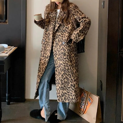 Elegant Leopard Print Woolen Overcoat for Women with Loose Fit Design
