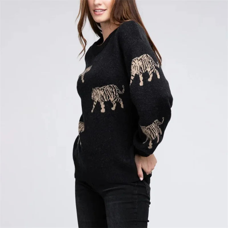 Warmer lockerer Pullover mit Tiger-Print für lässige Alltagsmode