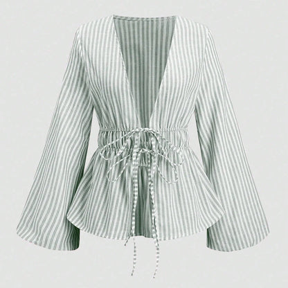 Striped Tie Bow Puff Sleeve Shirt