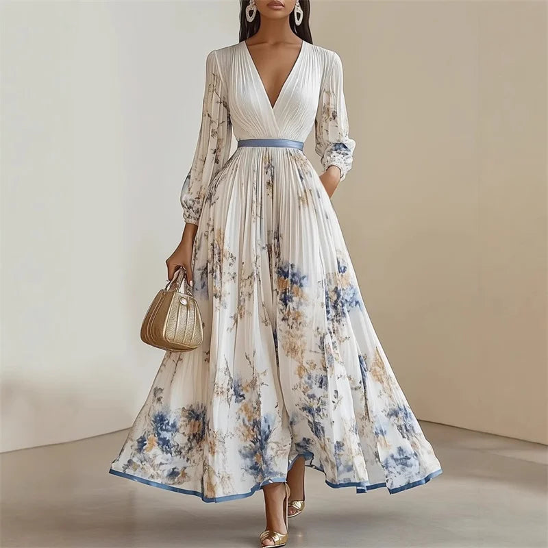 Refined Floral Long Sleeve Maxi Dress with Pleated Skirt
