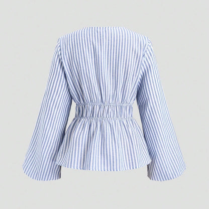Striped Tie Bow Puff Sleeve Shirt