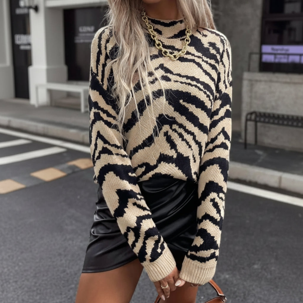 Gemütlicher Rundhals-Pullover mit Leopardenmuster für legere Mode
