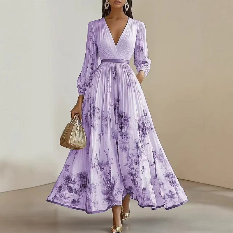 Refined Floral Long Sleeve Maxi Dress with Pleated Skirt