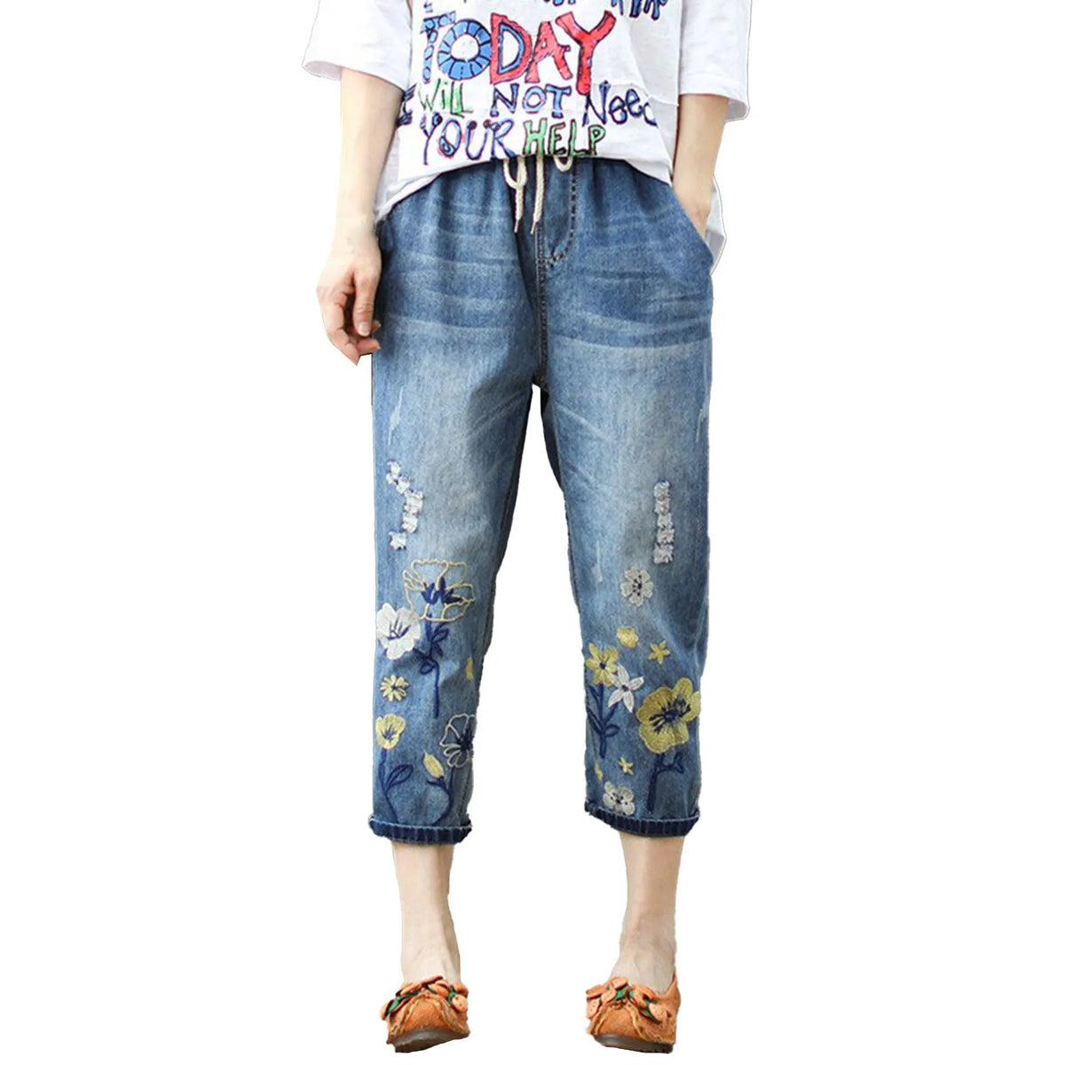 Boho bestickte, kurze Skinny-Jeans