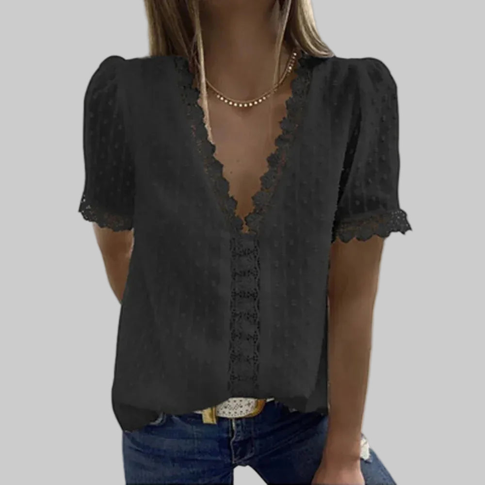 Elegantes Spitzen-Chiffon-Hemd mit kurzen Ärmeln für Büro und Freizeit
