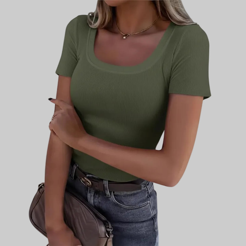 Modernes strukturiertes Kurzarmshirt mit quadratischem Ausschnitt