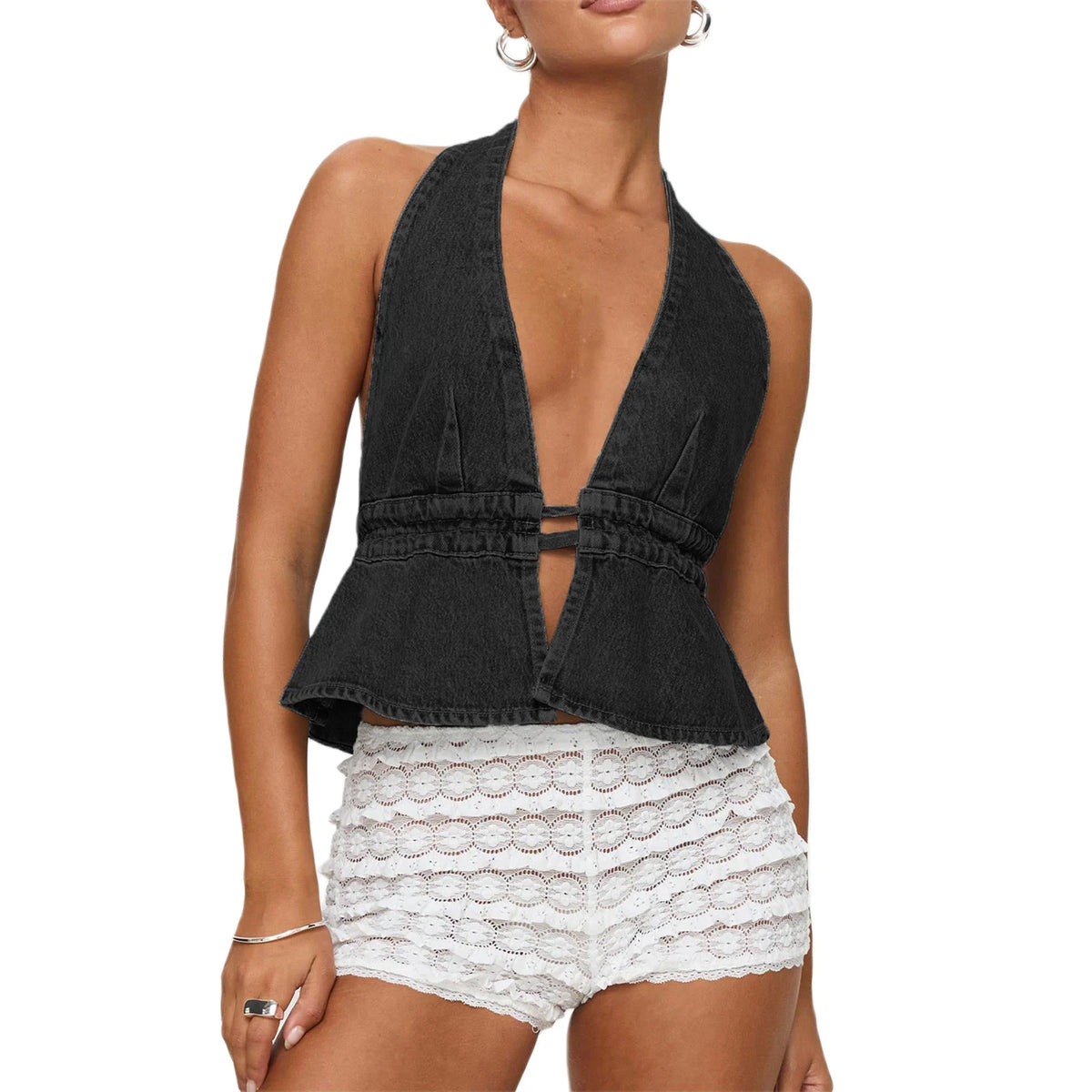 Stylisches ärmelloses Jeansweste Crop-Top mit Neckholder-Design
