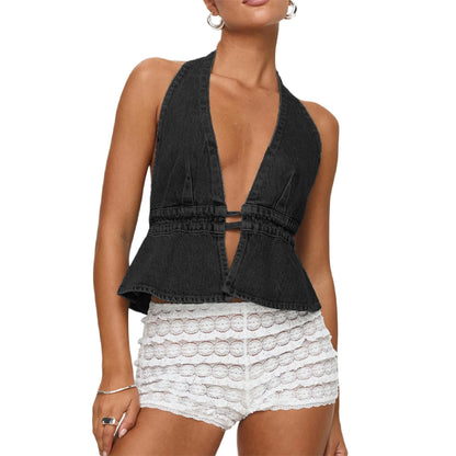 Stylisches ärmelloses Jeansweste Crop-Top mit Neckholder-Design