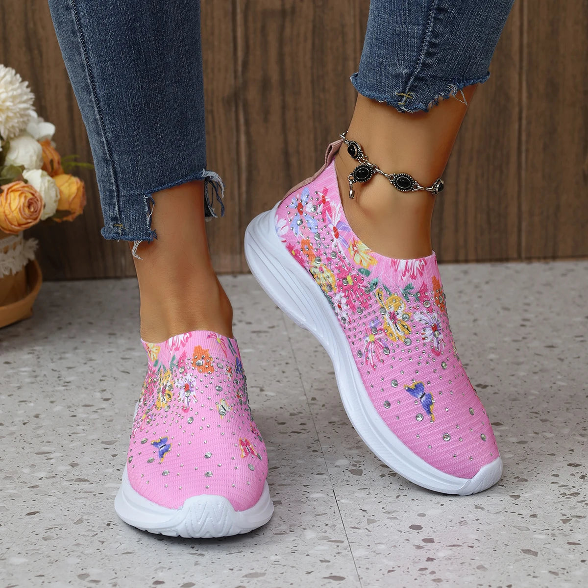 Blumenmuster Strick-Sneaker