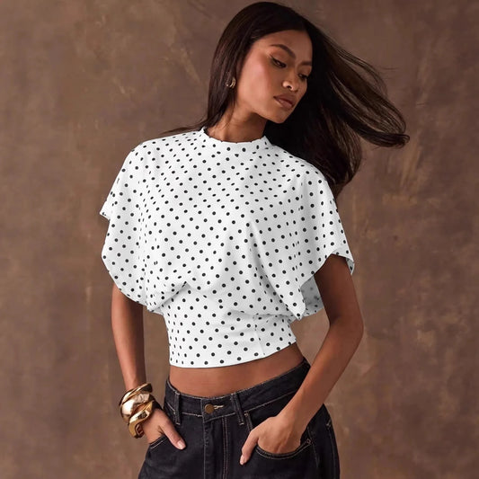 Graceful Polka Dot Crop Top with Bat Sleeves for Feminine Style