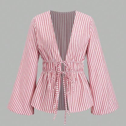 Striped Tie Bow Puff Sleeve Shirt