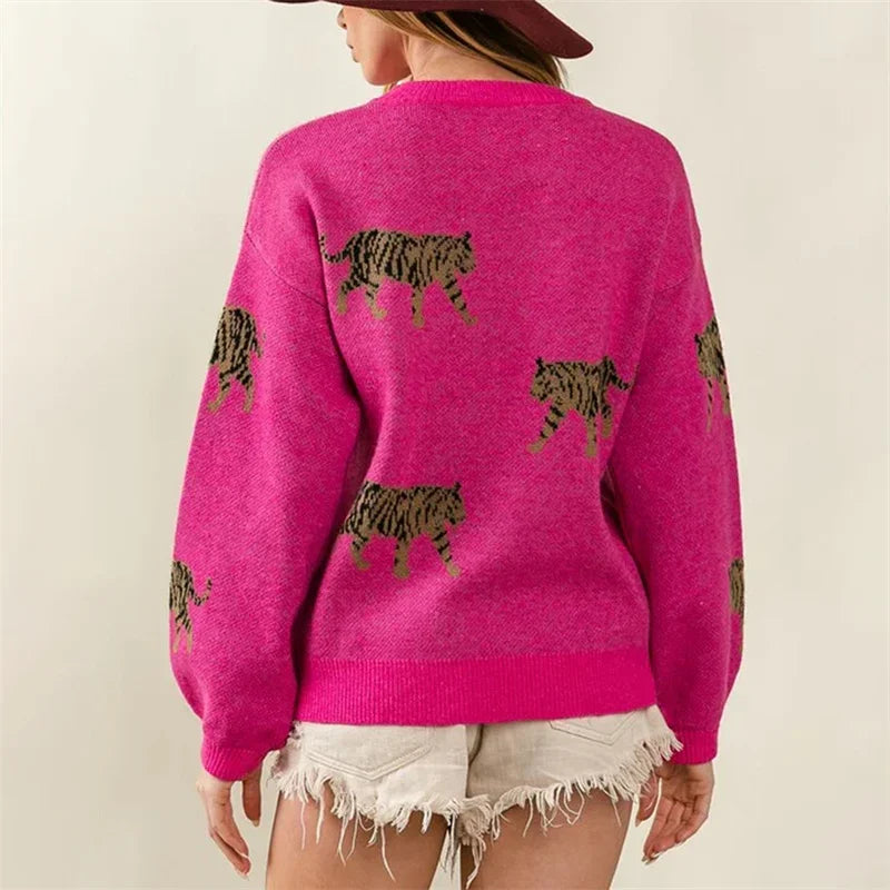 Warmer lockerer Pullover mit Tiger-Print für lässige Alltagsmode
