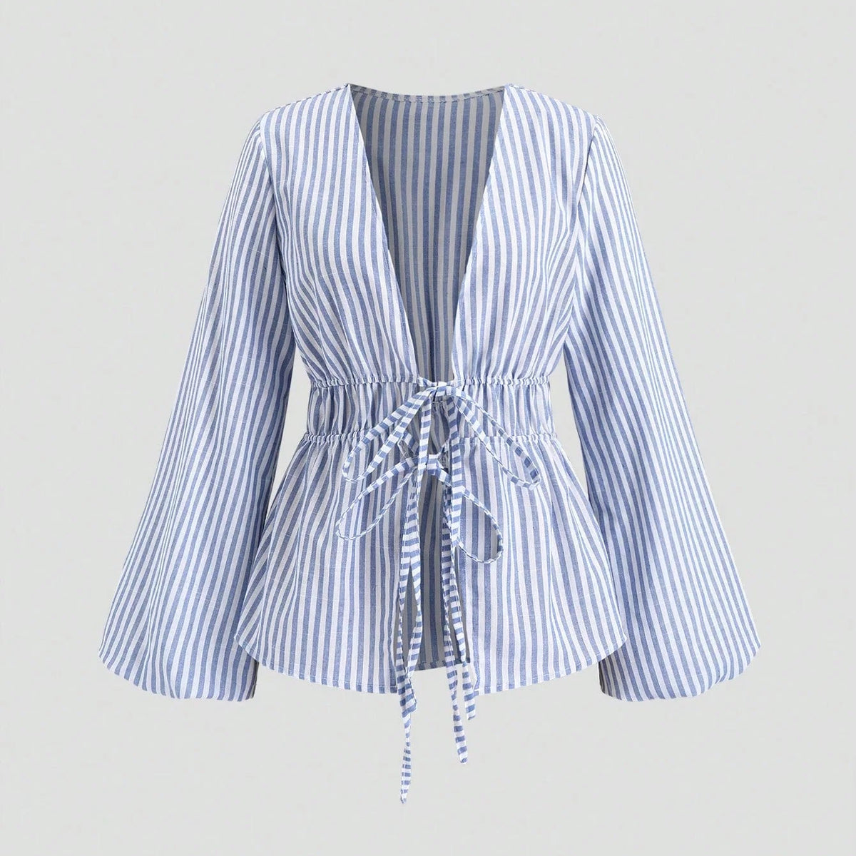 Gestreifte Bluse mit Schleifenband und Puffärmeln