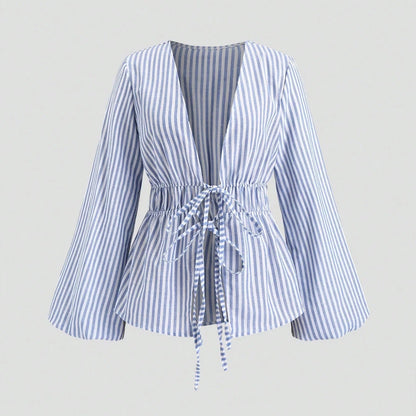 Striped Tie Bow Puff Sleeve Shirt