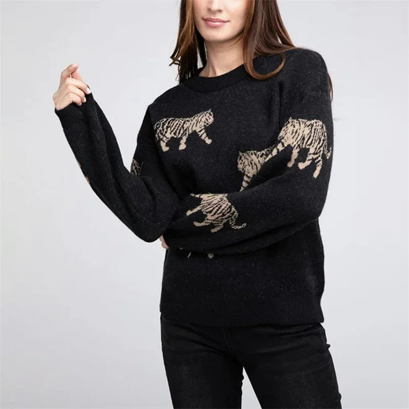 Warmer lockerer Pullover mit Tiger-Print für lässige Alltagsmode