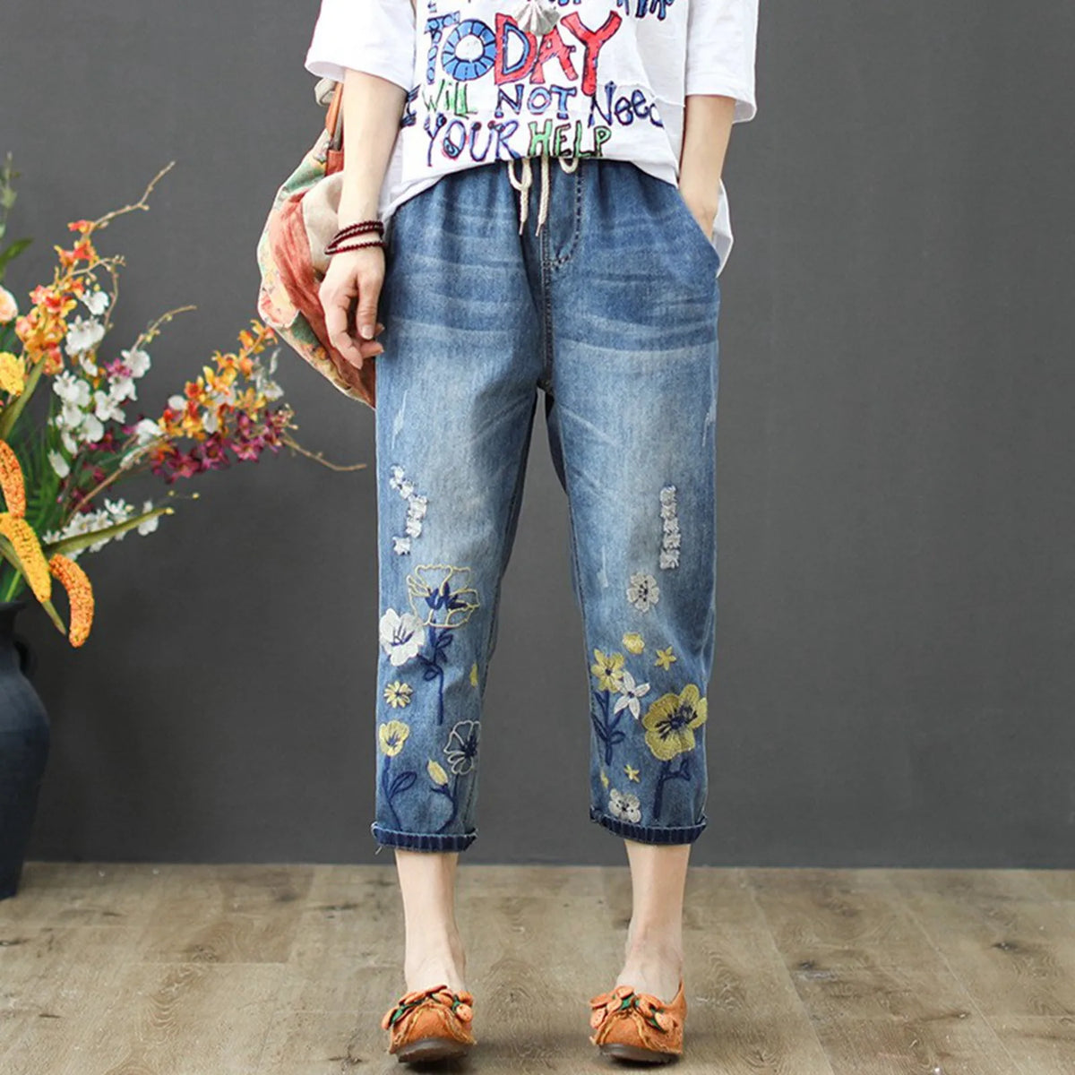 Boho bestickte, kurze Skinny-Jeans