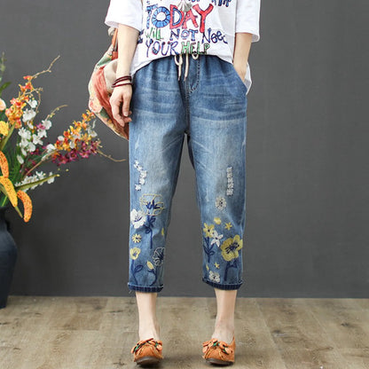 Boho Embroidery Cropped Skinny Jeans