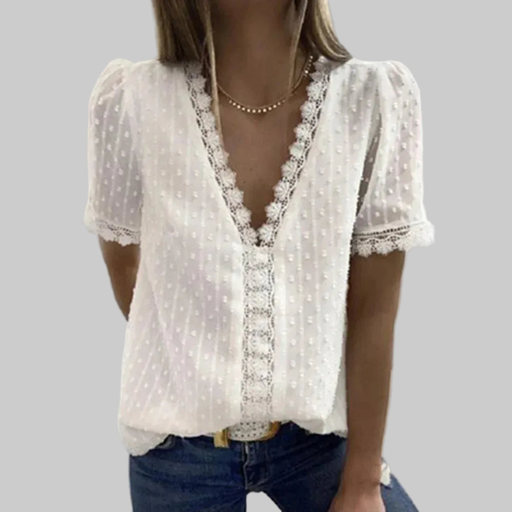 Elegantes Spitzen-Chiffon-Hemd mit kurzen Ärmeln für Büro und Freizeit