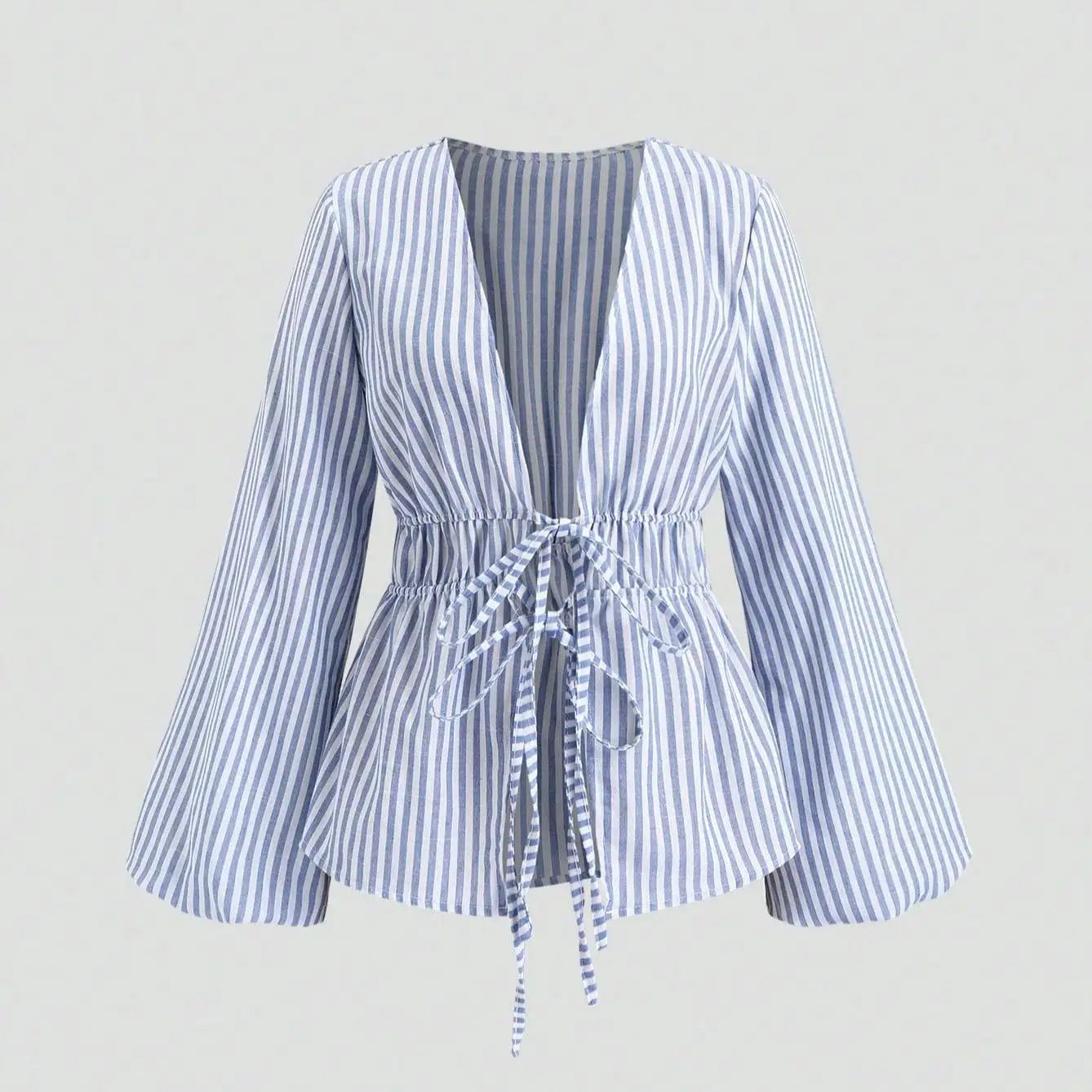 Striped Tie Bow Puff Sleeve Shirt