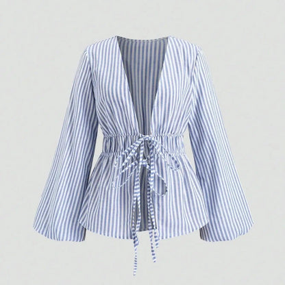 Striped Tie Bow Puff Sleeve Shirt