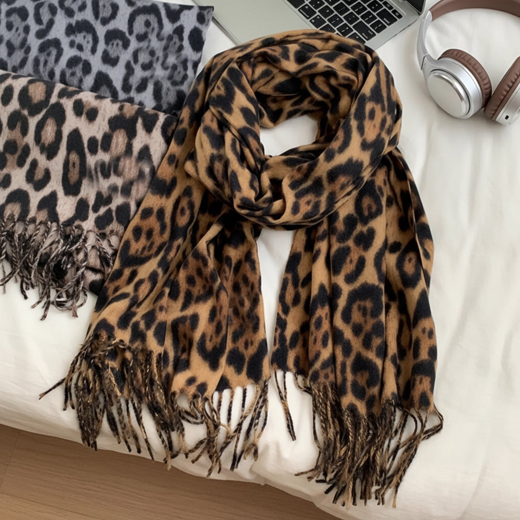Chic Leopard Print Women’s Warm Scarf with Tassels for Cozy Style