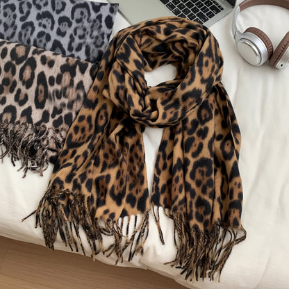 Chic Leopard Print Women’s Warm Scarf with Tassels for Cozy Style