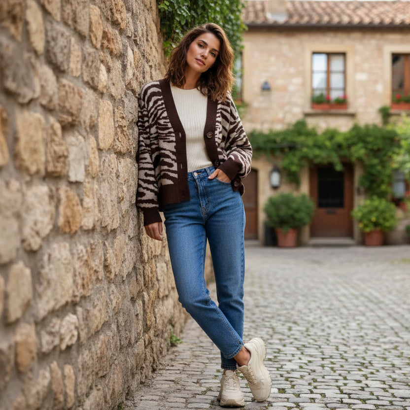 Moderner Strickcardigan mit Knopfleiste und Zebramuster