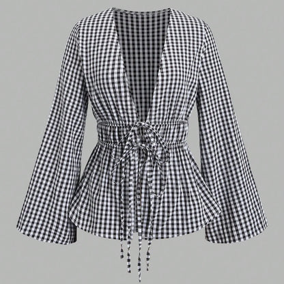 Striped Tie Bow Puff Sleeve Shirt