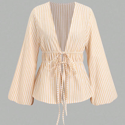 Striped Tie Bow Puff Sleeve Shirt