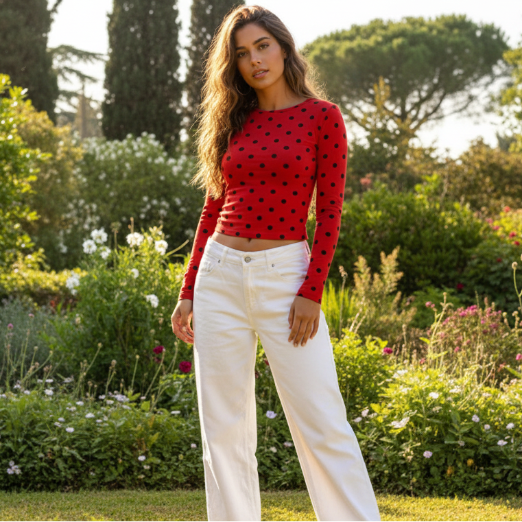 Modernes Slim-Fit-Top mit Punktmuster für Ausgehen und Streetstyle
