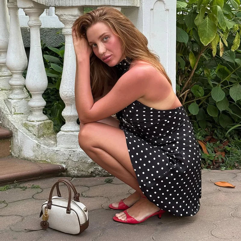 Women Polka Dot Halter Mini Dress Backless Slim Party