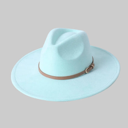 Chic Suede Wide-Brimmed Fedora Hat with Belt Accent