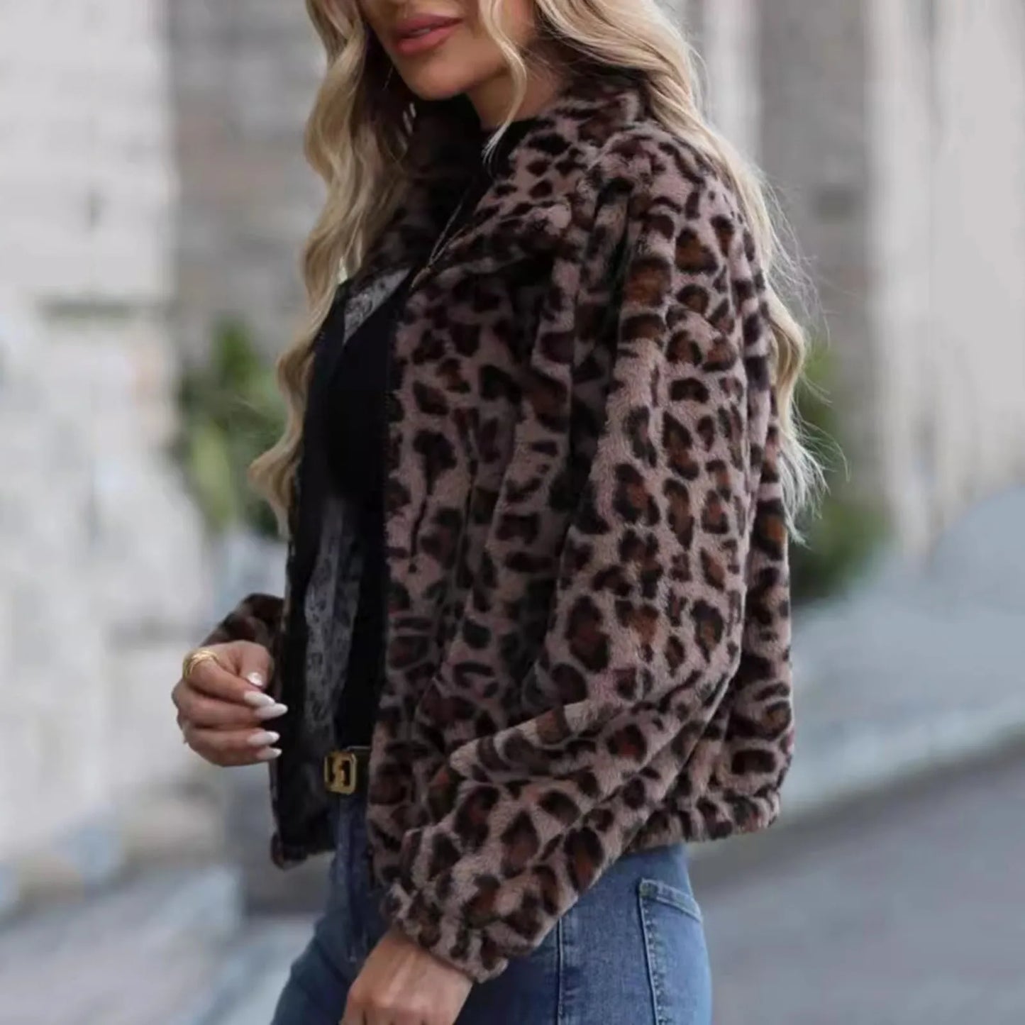 Leopard Print Bomber Jacket with Cropped Fuzzy Fleece Style