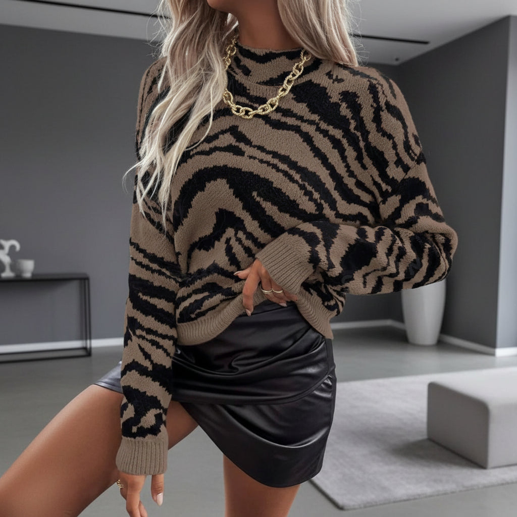 Gemütlicher Rundhals-Pullover mit Leopardenmuster für legere Mode