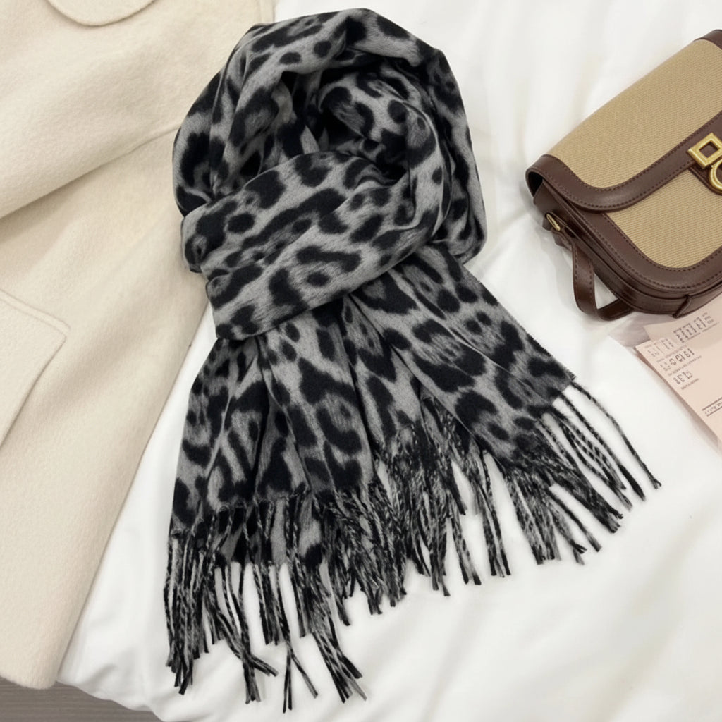 Chic Leopard Print Women’s Warm Scarf with Tassels for Cozy Style