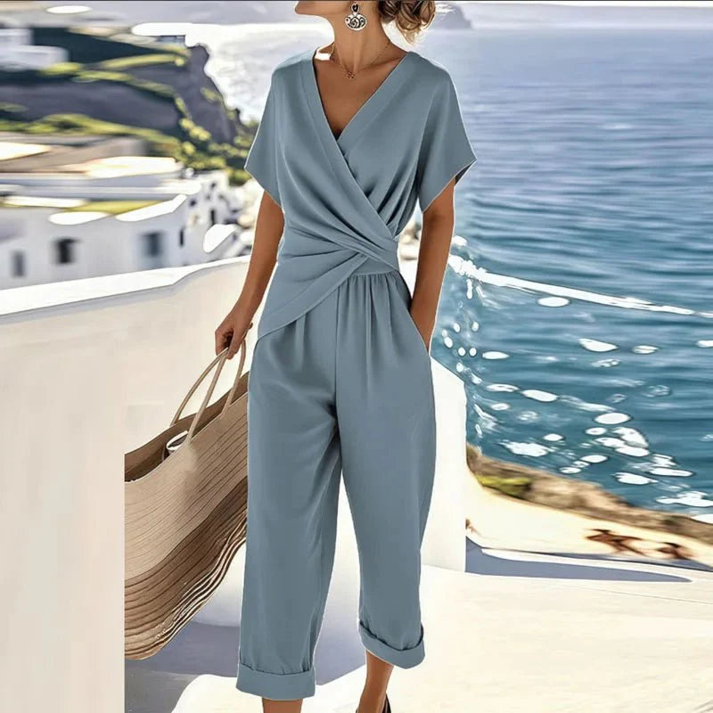 Women Elegant Two Piece Set Wrap Top Tailored Pants Outfit