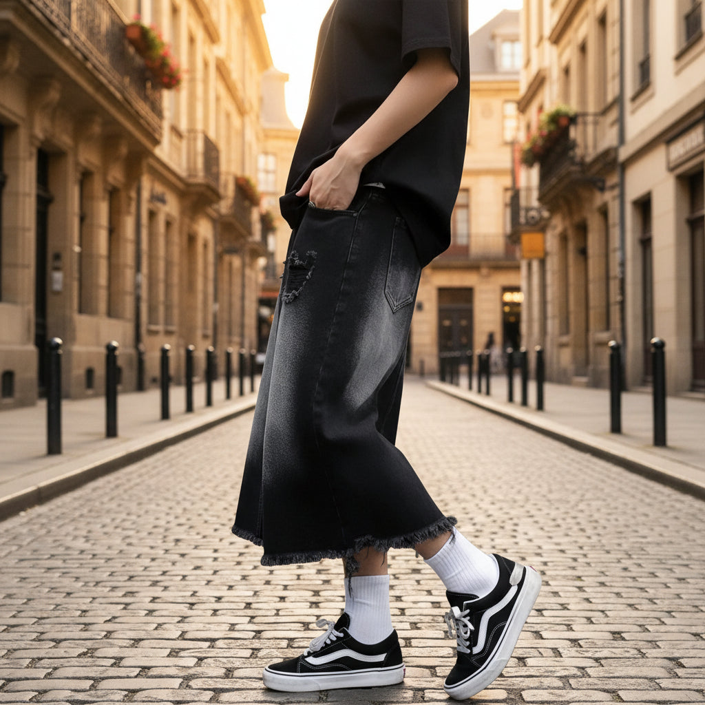 Kurze, gewaschene, ausgefranste Baggy-Jeansshorts
