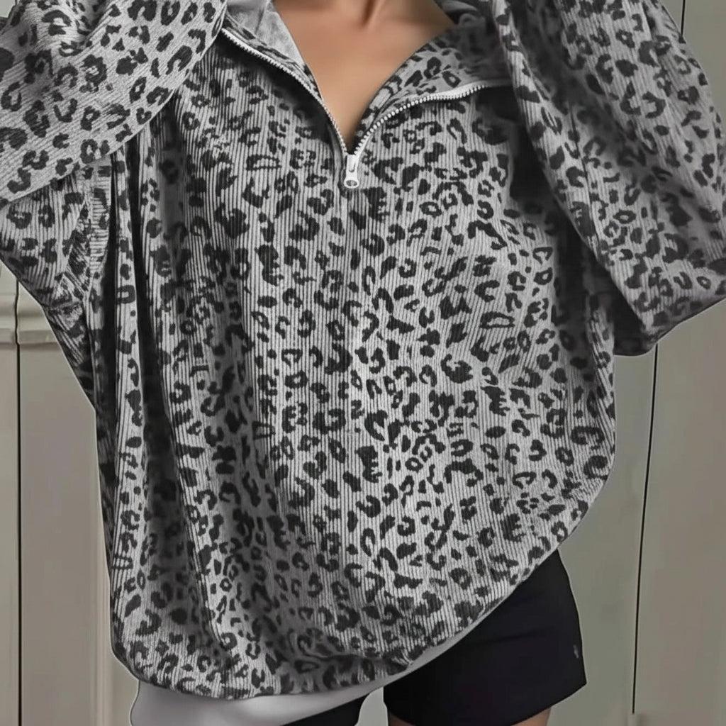 Stylisches Damen-Sweatshirt aus Cord mit Leopardenmuster und Reißverschluss vorne