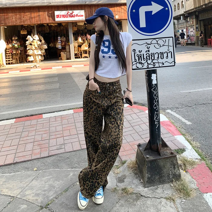 Chic Café Brown Leopard Print Wide Leg Jeans for Casual Everyday Looks