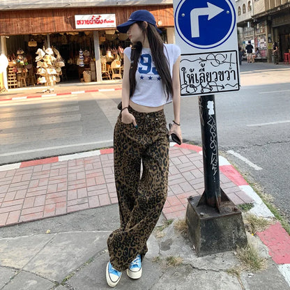 Chic Café Brown Leopard Print Wide Leg Jeans for Casual Everyday Looks