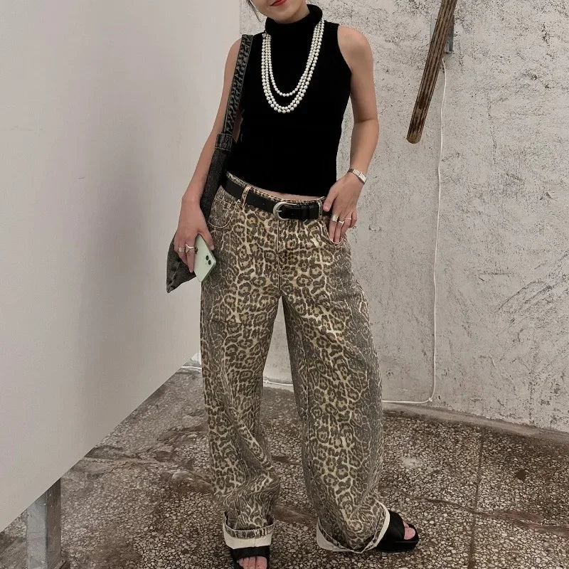 Trendy Leopard Print Baggy Cowboy Trousers for Relaxed Urban Style