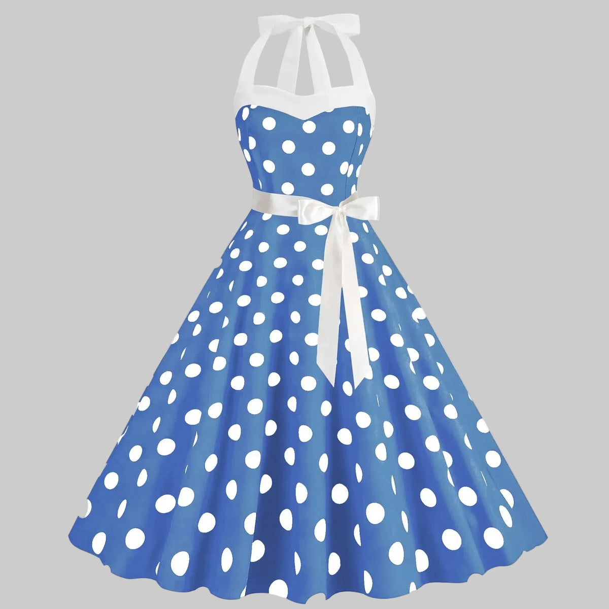Elegantes gepunktetes Kleid mit voluminösem Rock und weitem Saum