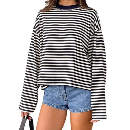 Oversized Striped Drop Shoulder Long Sleeve Top