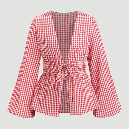 Striped Tie Bow Puff Sleeve Shirt