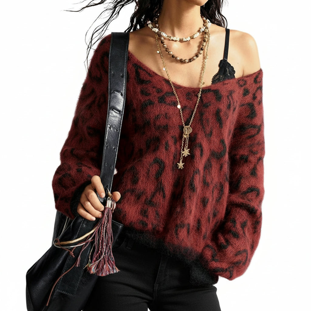 Damen Pullover mit Leopardenmuster und schulterfreiem, flauschigem Design