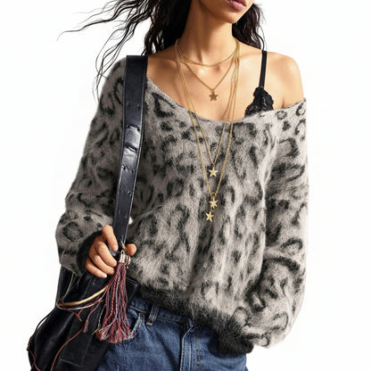 Women’s Leopard Print Off-Shoulder Fuzzy Sweater