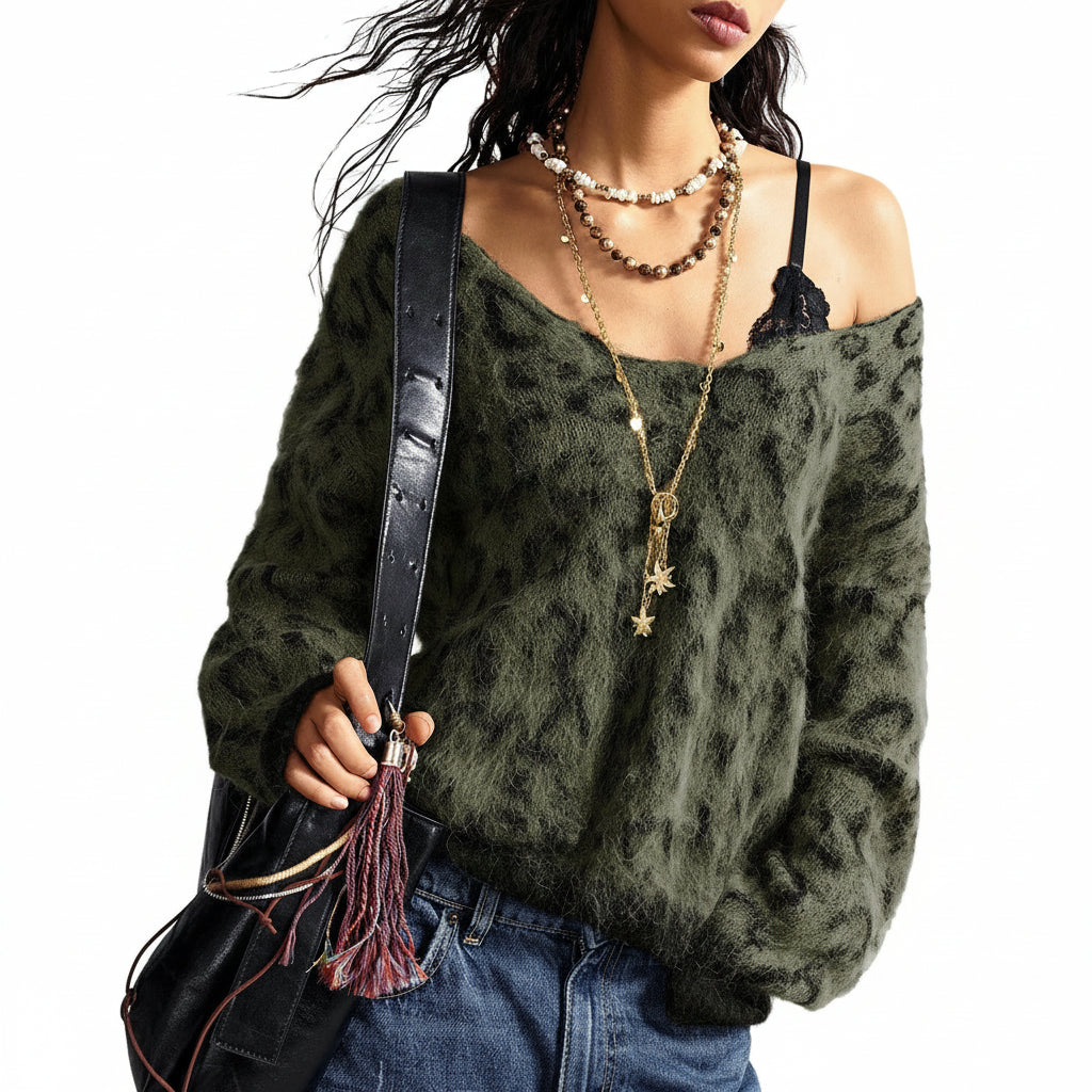Damen Pullover mit Leopardenmuster und schulterfreiem, flauschigem Design