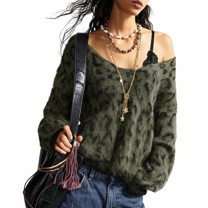 Women’s Leopard Print Off-Shoulder Fuzzy Sweater
