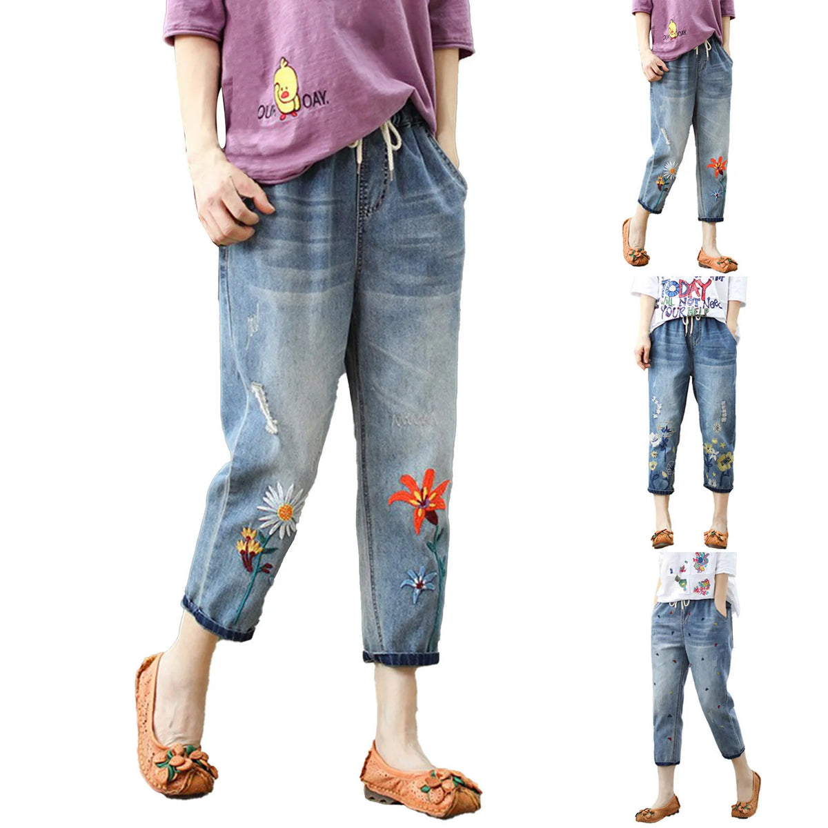 Boho bestickte, kurze Skinny-Jeans